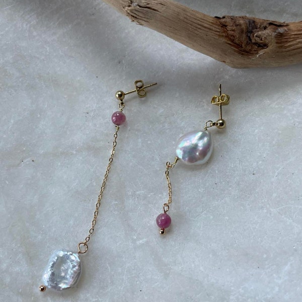 Long gemstone pink tourmaline white keshi pearls earrings gold chain Gift fabric bag ball earrings fruity color sold pink white earrings