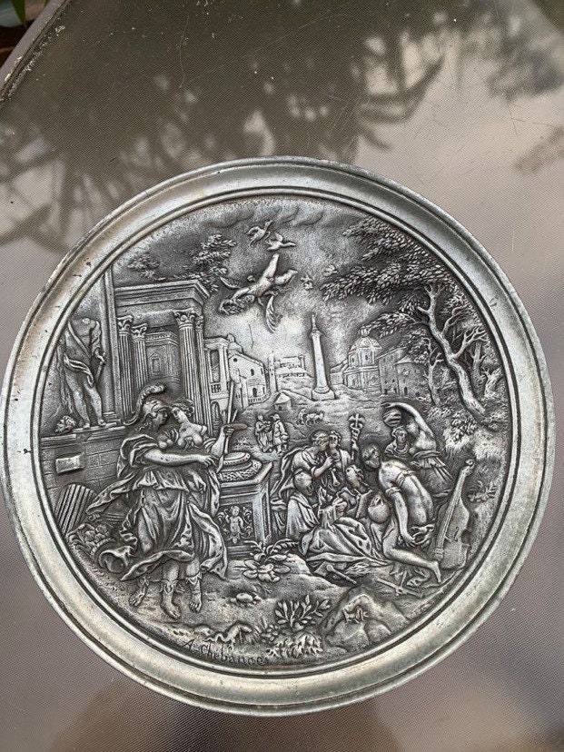 Rare Signé Français 19Ème Siècle Antique Plaque de Métal Lourd Décoration Murale Un Chebance Soldat