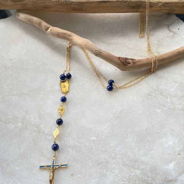 Beautiful hand made Long rosary necklace gemstone lapis lazuli vintage virgin Mary blue enamel crucifix gold medals chain Gift fabric bag