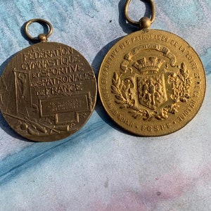 Lot 2pcs  vintage french sport medals by  minister 1950s signed solid bronze gold medal   ring olive leaves flag france