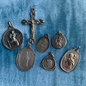Lot 7pcs antique french vintage medal enamel religious medal sterling silver cross gold crucifix reliquary croix collection