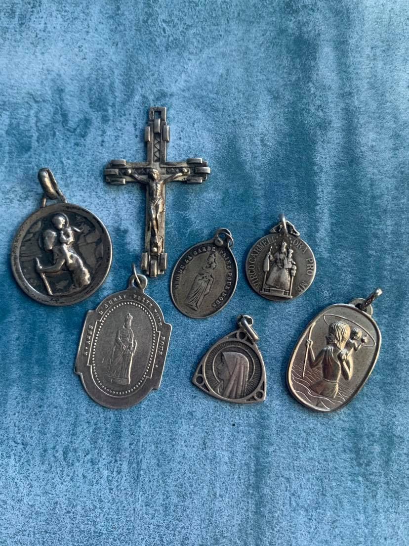 Lot 7Pcs Antique Français Vintage Médaille Émail Religieuse Croix en Argent Sterling Crucifix Reliqu