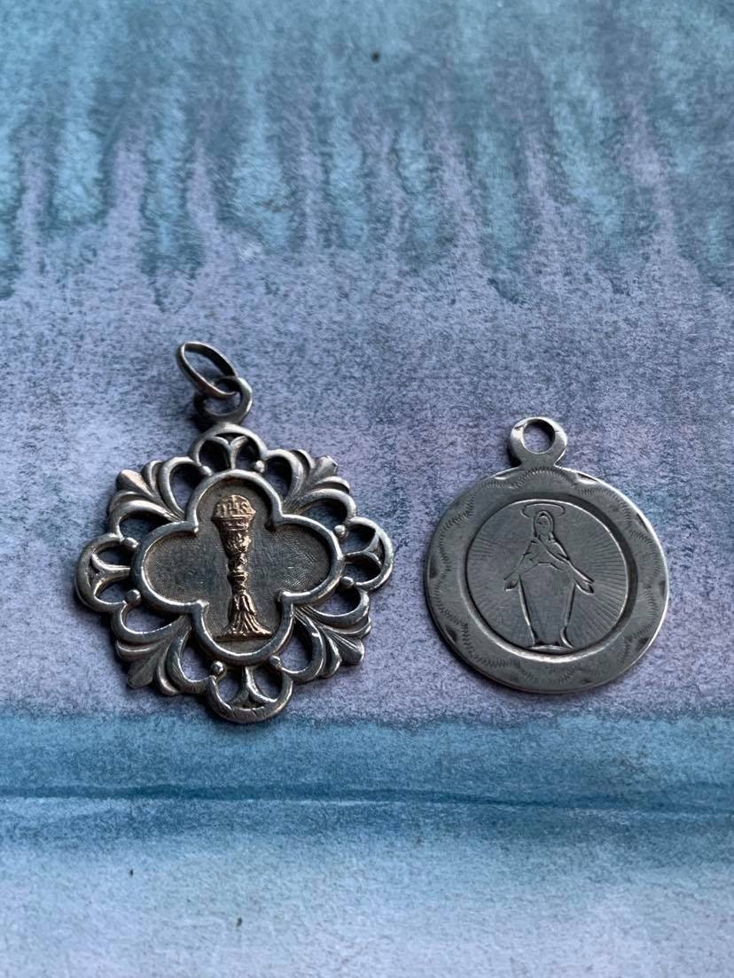 Rare Français Antique Collection de Médaille Religieuse en Argent Sterling Vierge Marie 19Ème Siècle