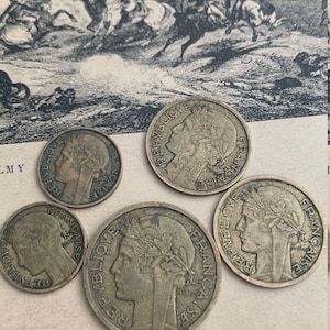 Lot 5 pièces pièces de monnaie antiques françaises vintage 10ct années 1930-1939 pièce de bronze vieille monnaie