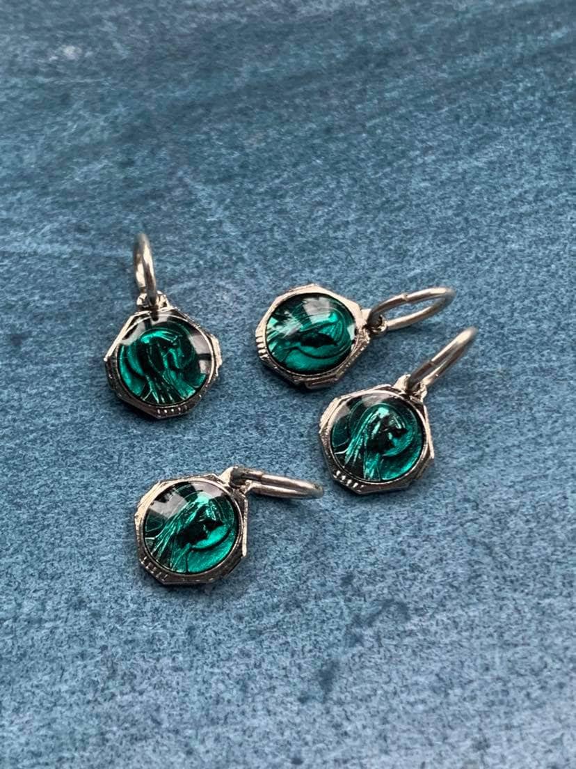 Lot 4Pcs Vintage Français Médaille Religieuse Bleu Turquoise Émail Argenté Coeur Pendentif Virgin Ma