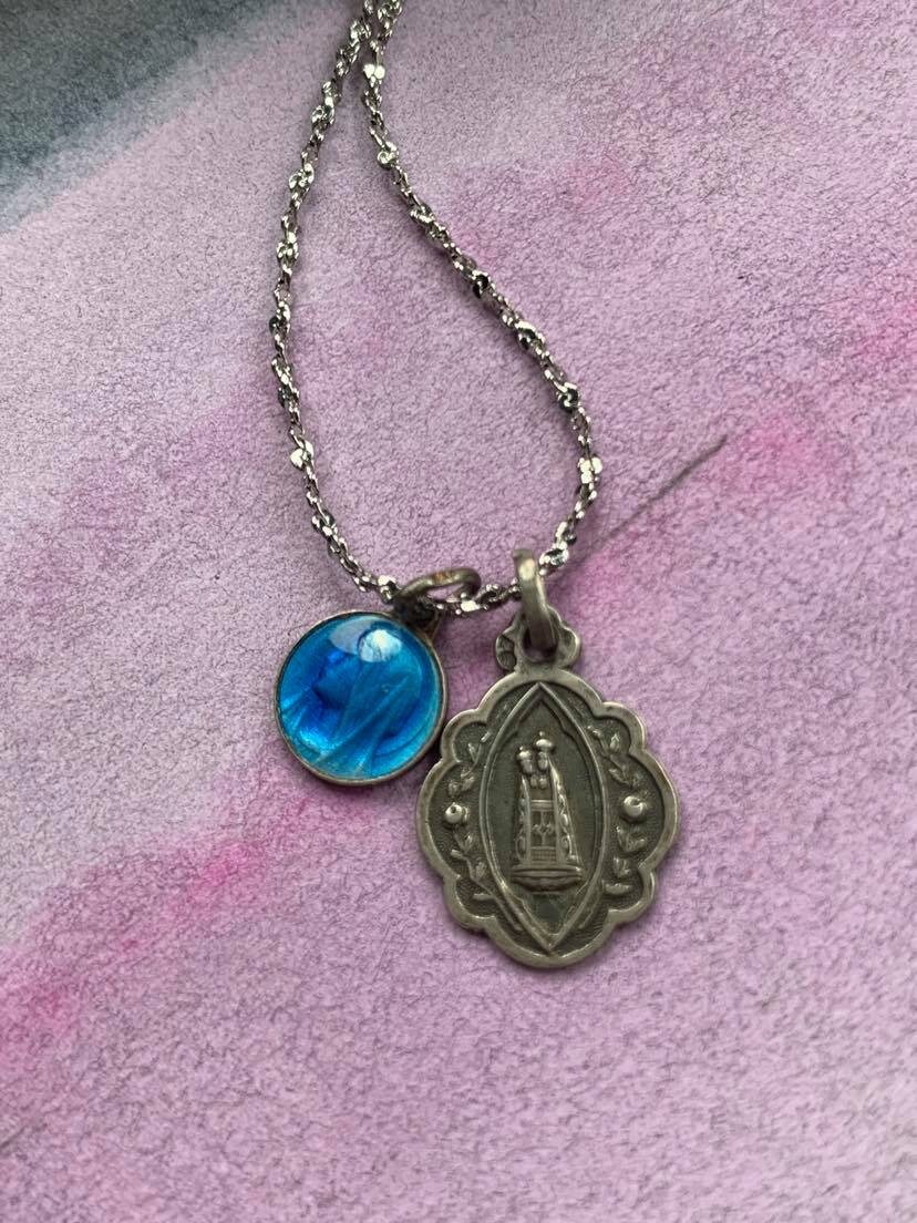 Rare Français Religieux Antique Notre Dame Sterling Argent Reliquaire Collier Médaille Bleu Émail Ma