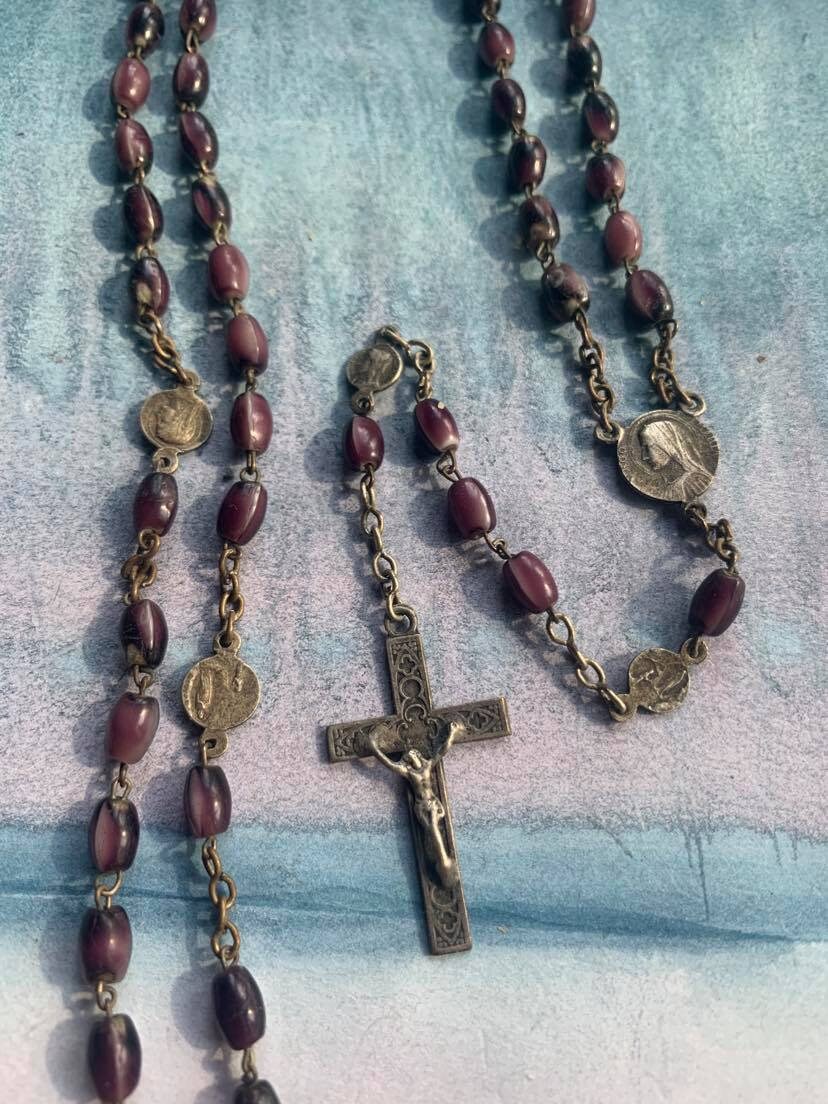 Français Vintage Rosaire Croix Cucifix Reliquaire avec Argent Vierge Marie Sacré Médaille Violet Luc