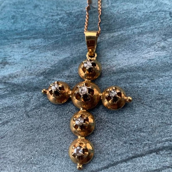 Amazing  french antique 18k yellow solid  gold Genuine diamond cross ornate large solid yellow gold cross Croix or 18carats diamant