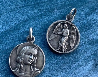 Lot 2pcs french vintage silver tone solid bronze  St Mary Magdelane France Saint Anne Made in France Angel ange anna