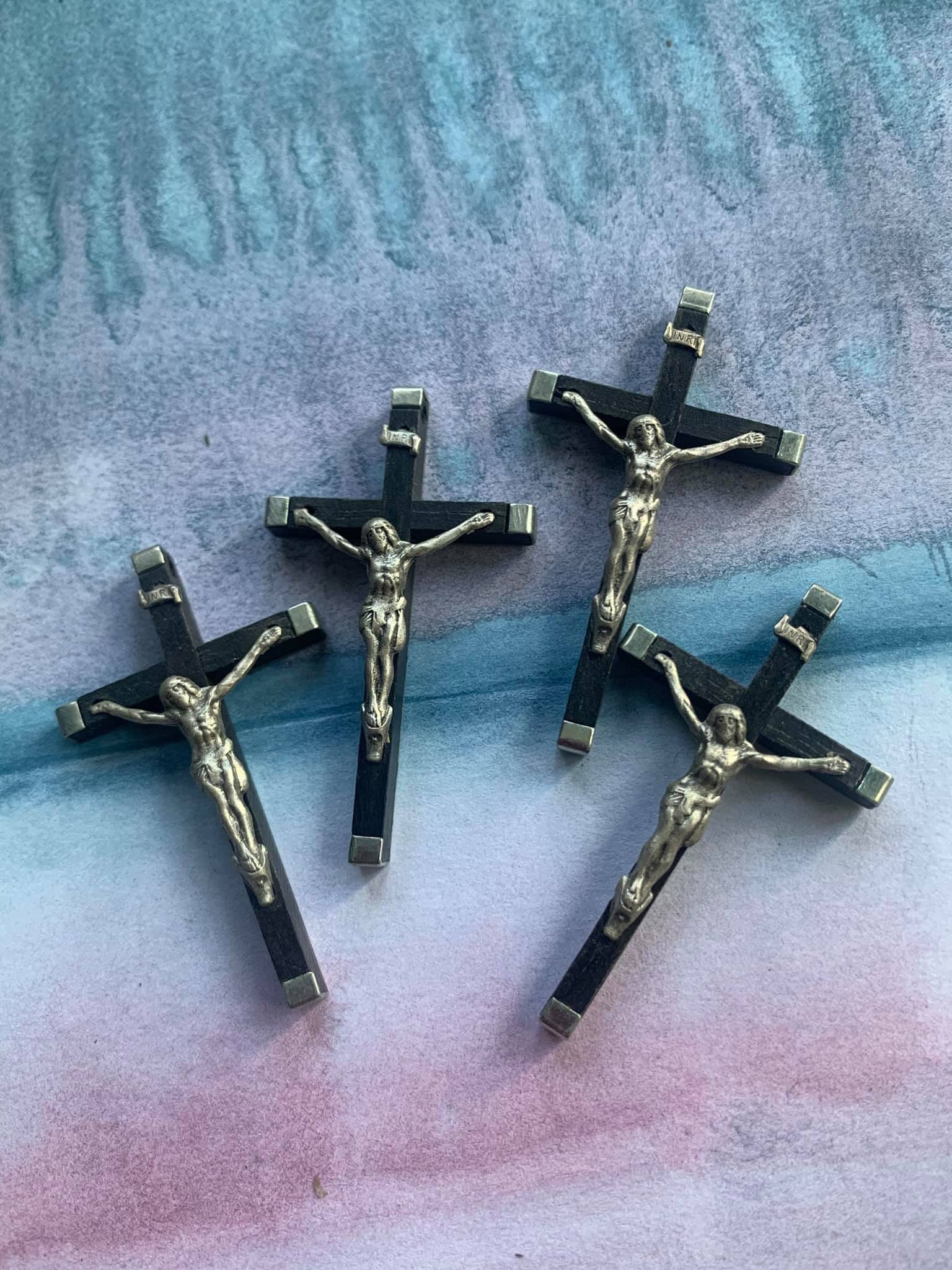 4Pcs Français Rosetree Vintage Croix en Bois Crucifix Reliquaire Collection Gravé France