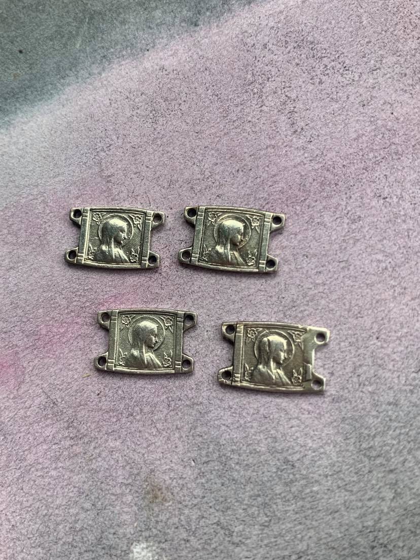 Lot 4Pcs Vintage Français Médaille Religieuse Argent Ton Chapelet Bracelet Bronze Massif Vierge Mari
