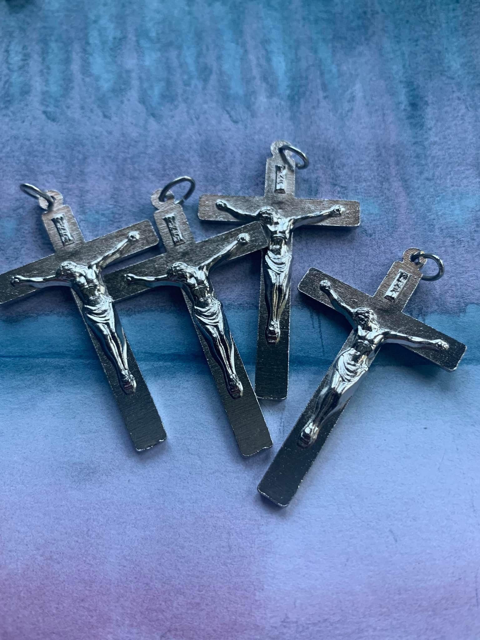 4Pcs Français Vintage Argent Ton Laiton Massif Croix Catholique Crucifix Reliquaire Collection Gravé