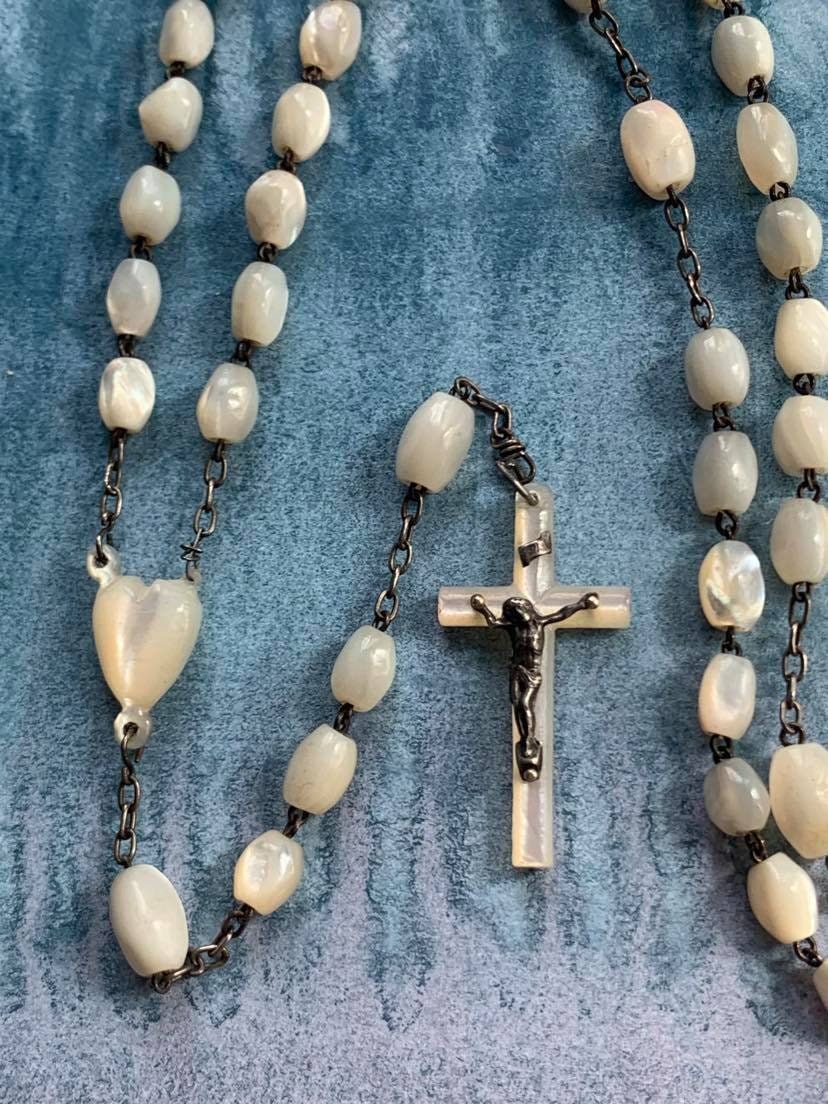 Français Antique en Argent Sterling Du 19Ème Siècle Nacre Grand Chapelet Sculpté à La Main Croix de