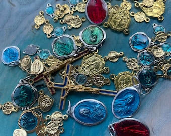 Lot 20pcs vintage french religious Medal Cross silver gold bleu red enamel heart connector pendant Virgin mary St christophe st Theresa