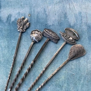 french antique Set of 5pcs solid  sterling silver Antique Meat Skewer table art child flower Oyster stick huitre ornate