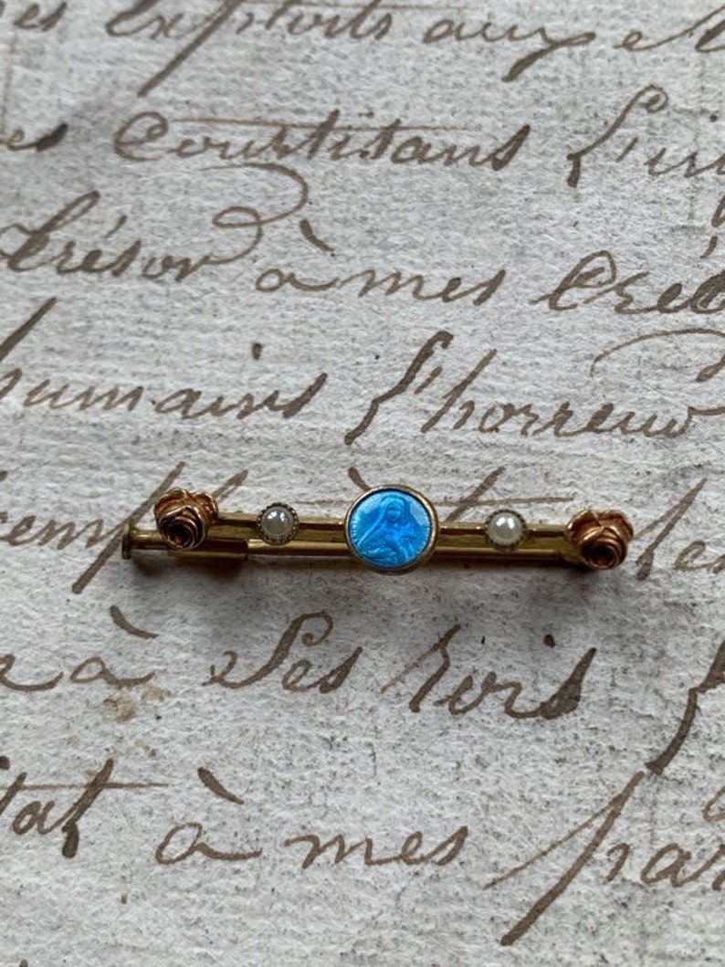 french antique 18 Yellow Gold vermeil religious medal St Theresa brooch floral gold rose brooch bleu enamel medal white cultured see pearls