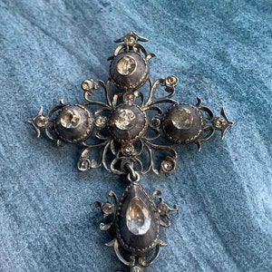 Rare french antique 19th century large handmade crucifix cross solid silver hand cut rhinestone religious pendant Grand croix flamende