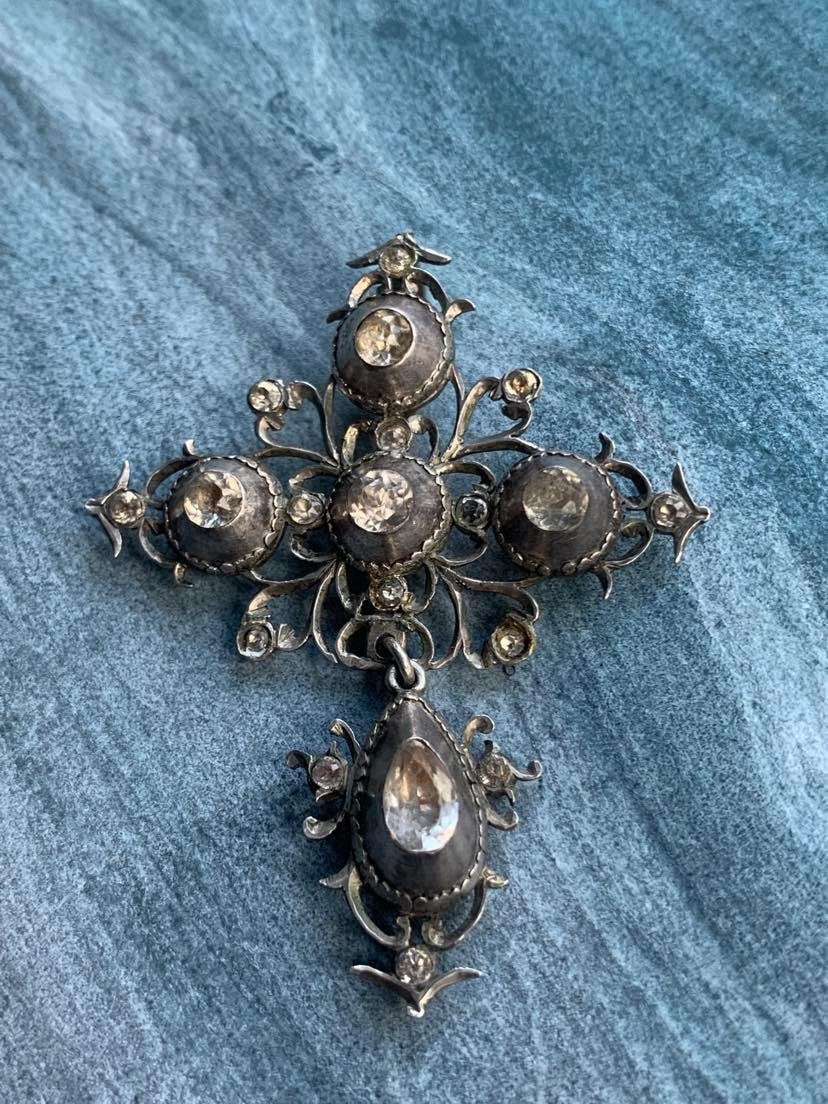 Rare Français Antique 19Ème Siècle Grand Crucifix Fait à La Main Croix en Argent Massif Coupé Strass