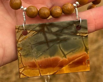 Red Creek Jasper Pendant on Wood Jasper Beads – Sterling Silver Handmade Necklace