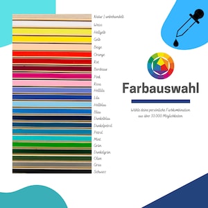 K&ouml;nnte beinhalten: Eine Farbkarte mit 24 verschiedenen Farbmustern, jedes mit einem goldenen Rand. Die Farben sind in Deutsch beschriftet, darunter Wei&szlig;, Gelb, Orange, Rot, Rosa, Lila, Blau, Gr&uuml;n, Braun und Schwarz. Der Text "Farbauswahl" wird in einem blauen Kasten angezeigt, und der Text "W&auml;hle deine pers&ouml;nliche Farbkombination aus &uuml;ber 33.000 M&ouml;glichkeiten" wird darunter angezeigt.