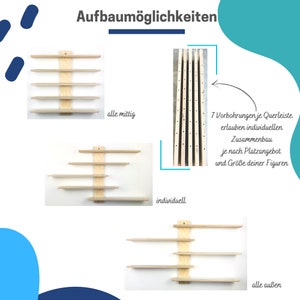 K&ouml;nnte beinhalten: Drei verschiedene M&ouml;glichkeiten, ein Holzregalsystem zusammenzubauen. Die Regalbretter k&ouml;nnen in der Mitte, einzeln oder alle au&szlig;en angebracht werden. Das Bild zeigt vorgebohrte L&ouml;cher f&uuml;r eine einfache Montage.