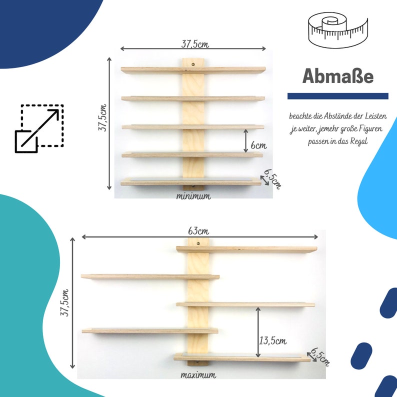 K&ouml;nnte beinhalten: Diagramm, das zwei verschiedene Regal-Konfigurationen f&uuml;r ein Wandregal aus Holz zeigt. Die minimale Konfiguration hat Regalb&ouml;den im Abstand von 6 cm, w&auml;hrend die maximale Konfiguration Regalb&ouml;den im Abstand von 13,5 cm hat. Das Regal ist 37,5 cm breit und 63 cm hoch.
