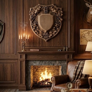 May include: A wood-paneled room featuring a stone fireplace with a burning fire, a large ornate wooden shield wall carving, a brass candelabra, a leather armchair with a plaid throw, and a side table with a compass, book, and pen.