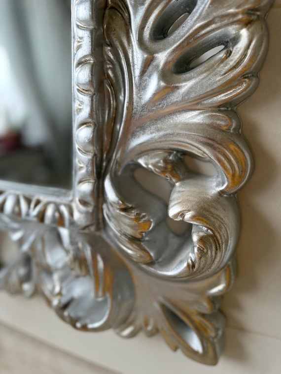 Barock Antik Silber Spiegel - Eleganter kunstvoller Wandspiegel, Vintage Stil Wohnkultur, Handgefertigter Barock Spiegel - Luxuriöser Rahmen