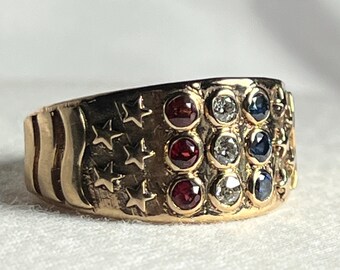 14k Gelbgold amerikanische Flagge Ring Benutzerdefinierte Cast Rubine Saphire Diamanten Vaterländischen Schmuck