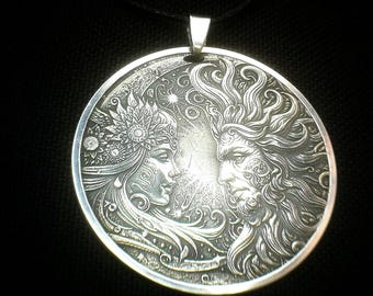 Silver Sun and Moon Cosmic Pendant - Unique Custom Astrology Art Jewelry - Perfect Gift for Him or Her - Handcrafted Celestial Design