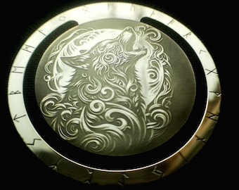 Brass Wolf Bookmark, Engraved Page Marker with Elder Futhark Runes