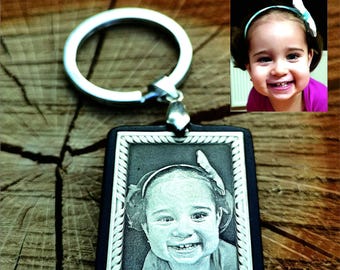 Personalized 3D Photo Keyring – Custom Engraved Sterling Silver & Ebony Wood – Unique Keepsake Gift for Him, Her - Anniversary, or Birthday