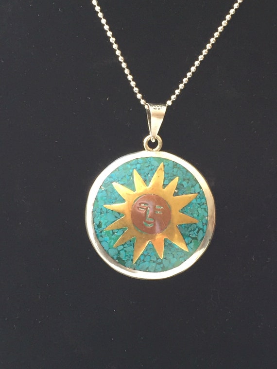 Double Sided Turquoise Mixed Metal Pendant and Ste