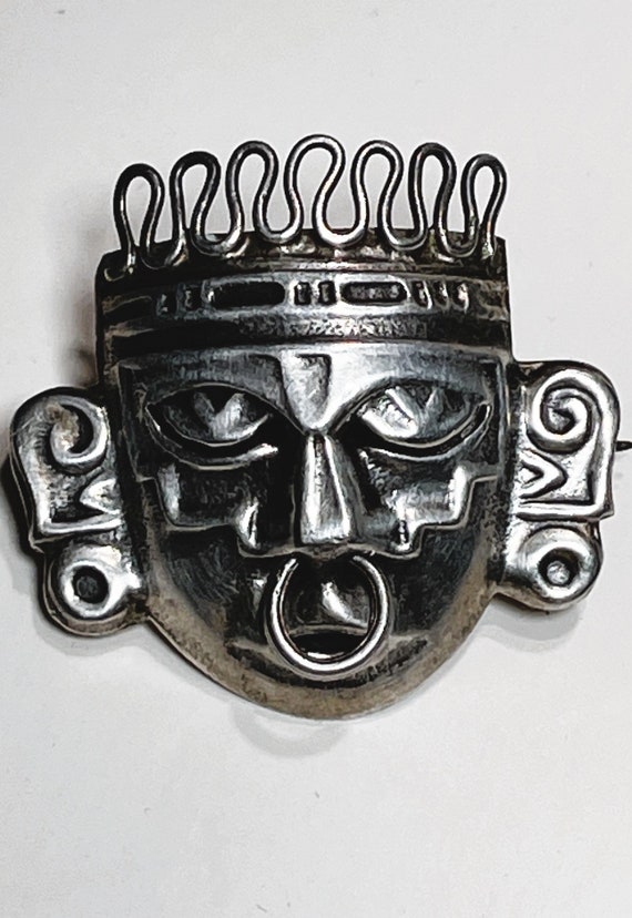 Sterling Silver Aztec Warrior Mask Pin - image 1