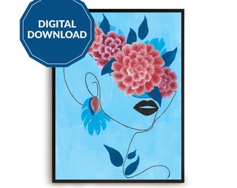 Floral Glamour - PRINTABLE WALL ART, Woman Line Art, Floral Art, Woman and Flowers, Dahlia Flower, Abstract Wall Art, Digital Download