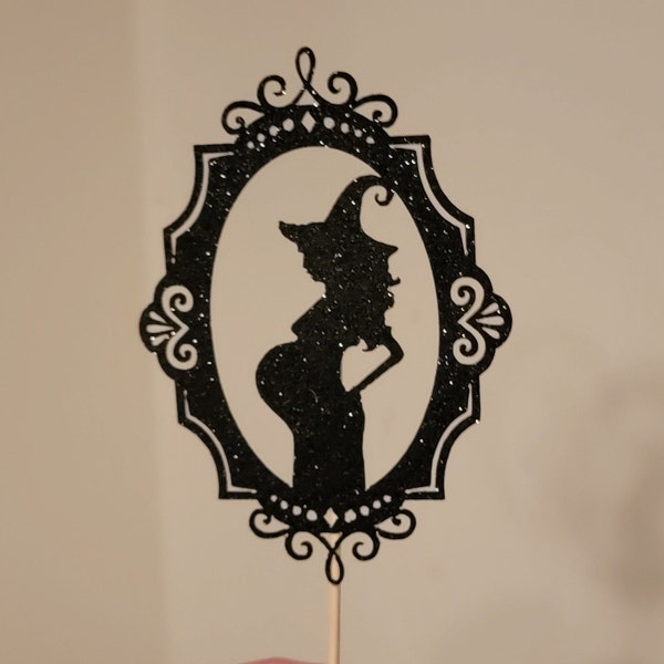 A Baby Is Brewing-Halloween Baby Shower-Pregnant Witch-Cake Topper-Witch-Baby Shower-Cake Topper With Border-Glitter Cake Topper-New Mom