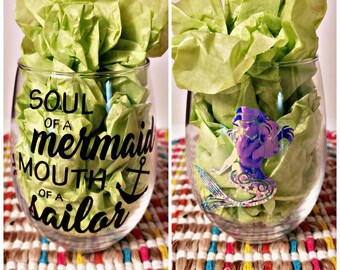 Soul of a Mermaid, Mouth of a Sailor Wine Glass-Summer-Summertime-Wine Glass-Ladies-Birthday