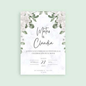Invitación de boda personalizada en Canva - Invitación de boda en español minimalista blanco
