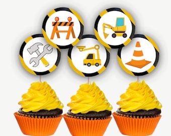 Toppers de construcción, fiesta temática de construcción, toppers de cupcakes de construcción, decoración de fiesta de construcción, selecciones de construcción, toppers digitales