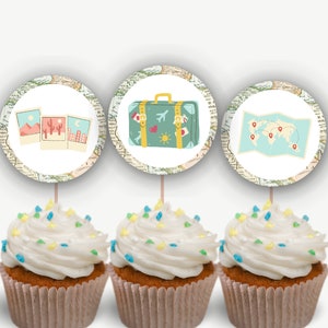 Toppers de viagem, festa Bon Voyage, toppers de cupcake com tema de viagem, toppers de mala, toppers de bagagem, toppers de cupcake de mapa, toppers para impressão