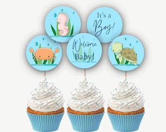 Under the sea toppers, turtle toppers, fish toppers, crab toppers, It's a boy cupcake toppers, welcome baby, seat theme baby shower