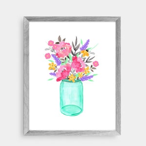 Mason Jar Water Color Flower Wall Art, Mason Jar Art, Mason Jar Flower Art, Flower Wall Art  High Quality 300dpi Digital File