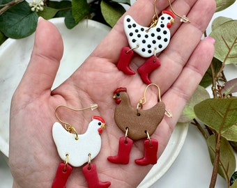 Handmade clay chicken in boots earrings