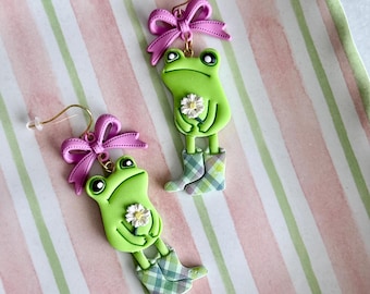 Handmade clay frog in rainboots earrings