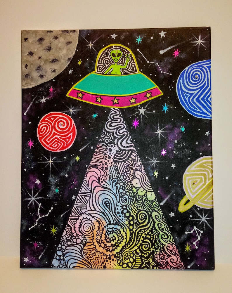 Trippy Space UFO Alien Space Themed ACRYLIC PAINTING 16x20 | Etsy