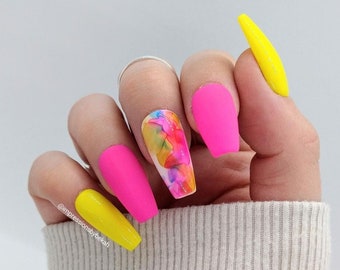 Neon Marble Press On Nails, Watercolor Nail Art, Alcohol Ink, Pink and Yellow, Gel Nails