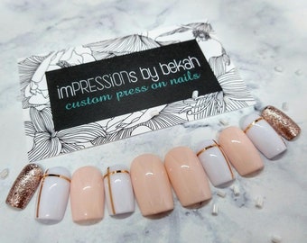 Rose Gold White Pink Press On Nails, Rose Gold Glitter, Striping Tape, Pink and White Nails, Gel Nails