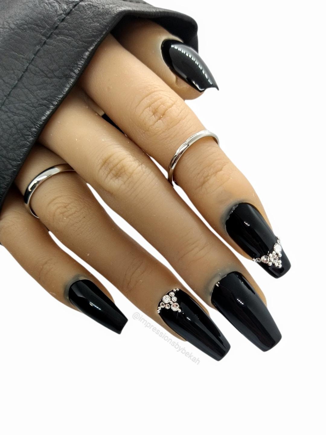 Black Crystal Diamond Press on Nails, Rhinestone Nails, Gel Nails 