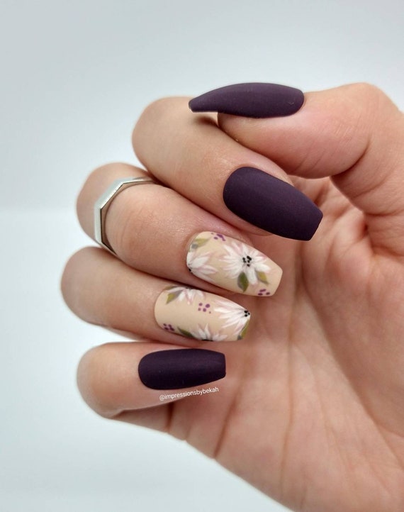 Fall Floral Dark Purple Press on Nails, Flower Nails, Nail Art, Gel Nails 