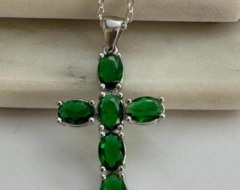 Green Stone Sterling Silver Cross Necklace: Cubic Zirconia Pendant